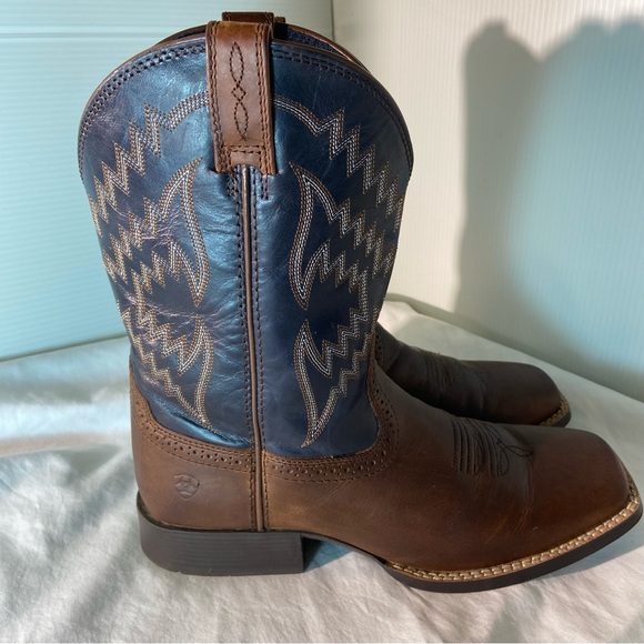 Ariat Western Cowboy Boots Brown & Navy Blue Square Toe Leather – US 6 - Picture 2 of 9